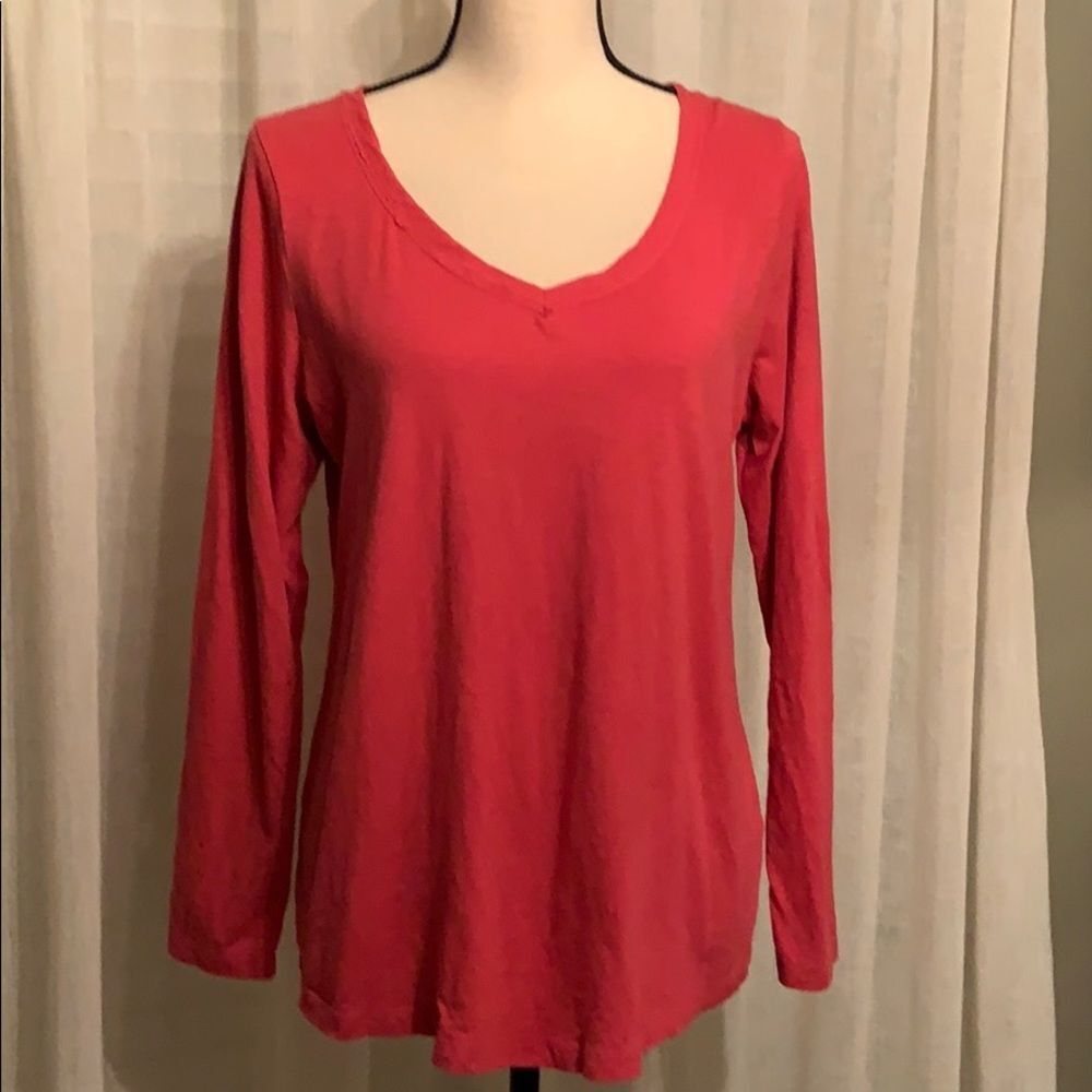 64. J Jill Voile-Trim Slub Tee in coral.  Long sleeve